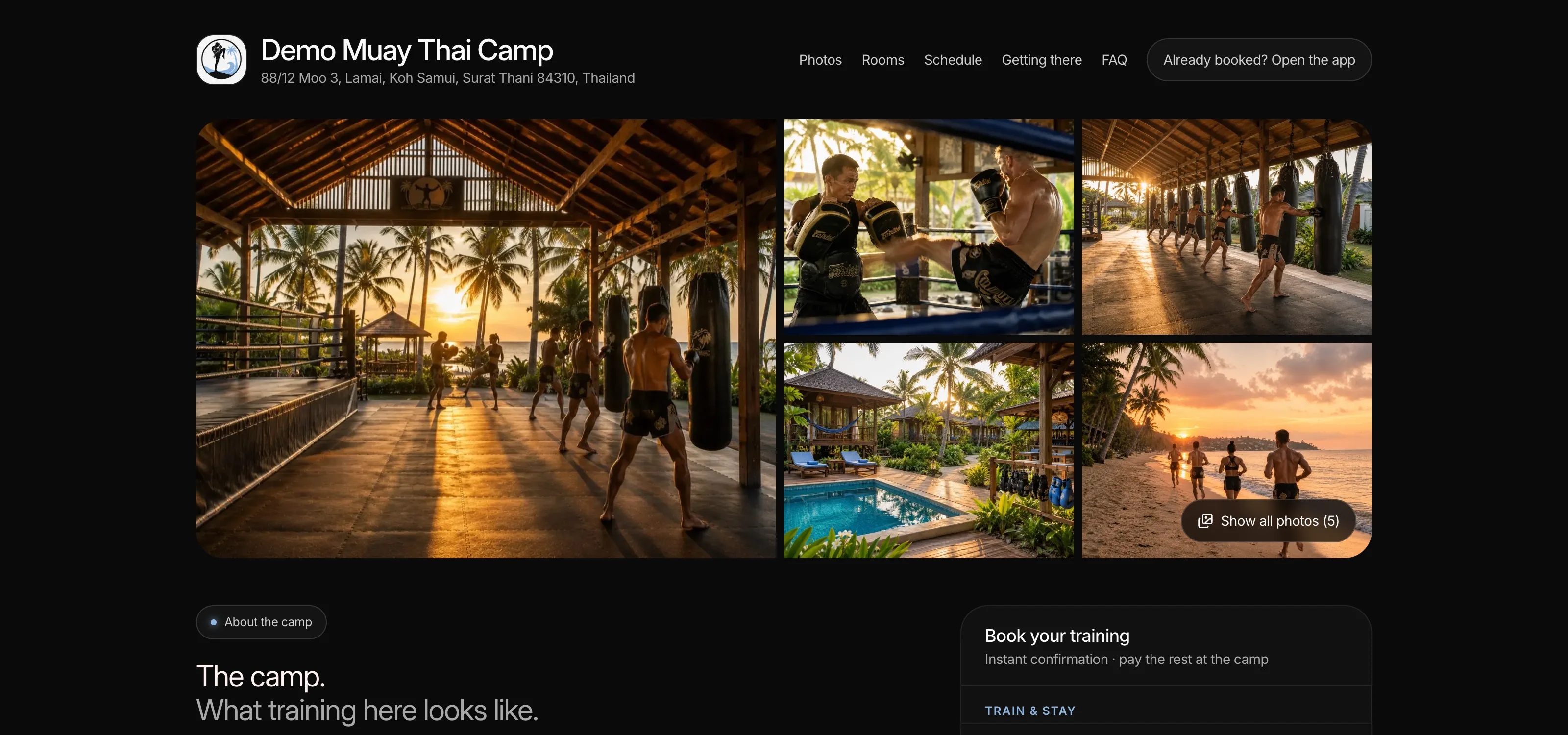 The camp's public booking page: photos, packages and rooms with the deposit to pay