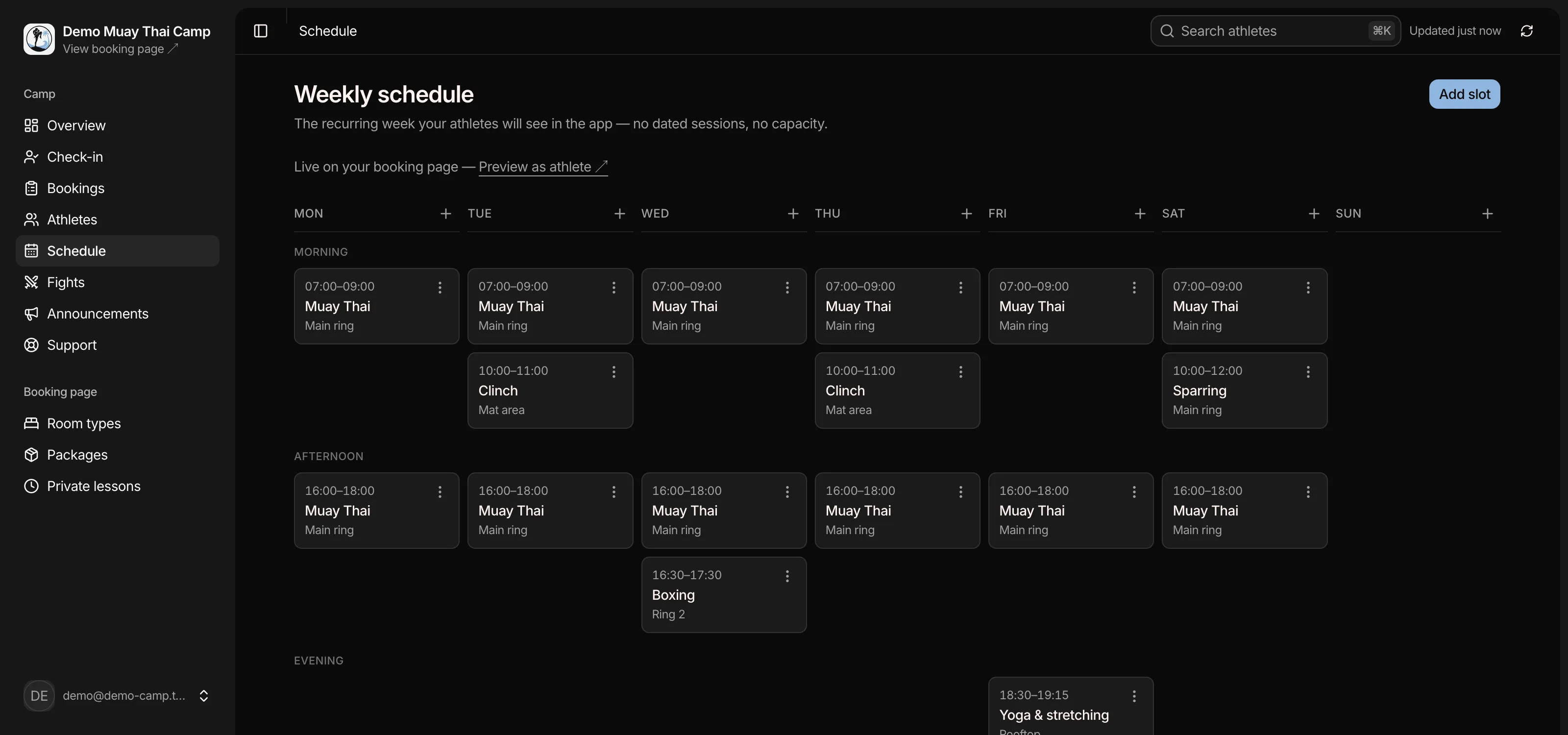 Weekly schedule grid, Monday to Sunday, morning, afternoon and evening slots