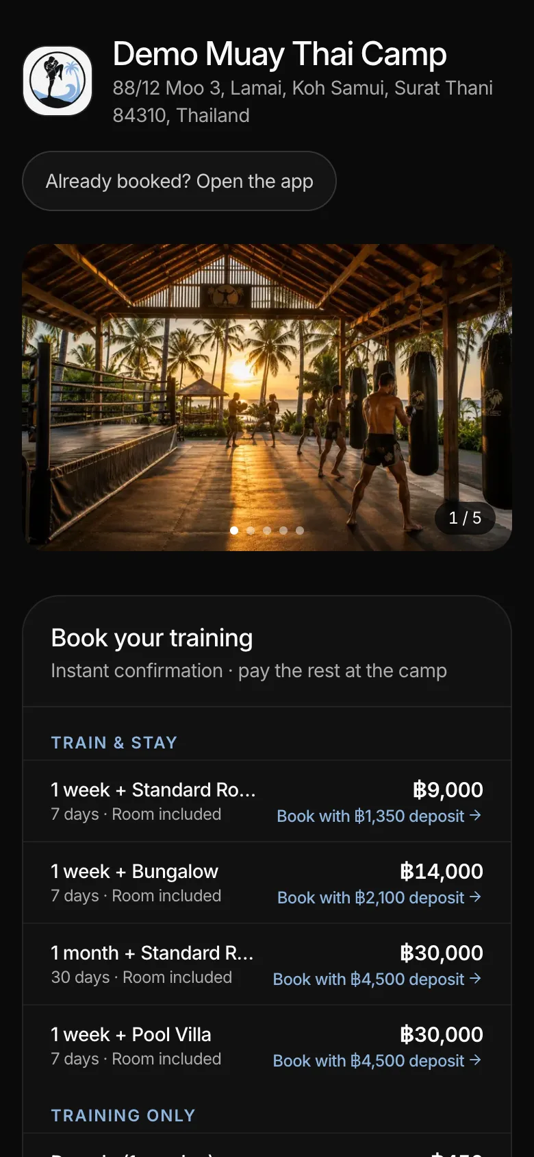 The demo camp's booking page on a phone: photo gallery, then the packages with their deposit