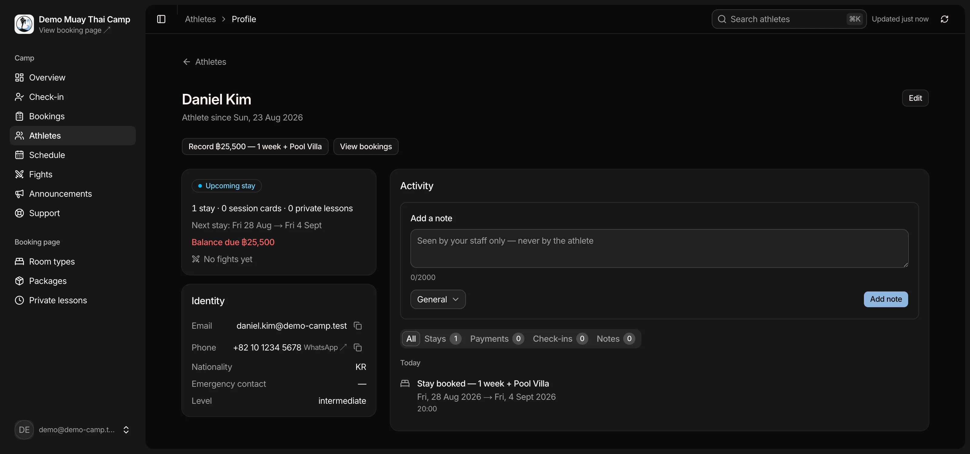 An athlete's profile in the admin: deposit paid online, balance still due at the camp and the Record payment button