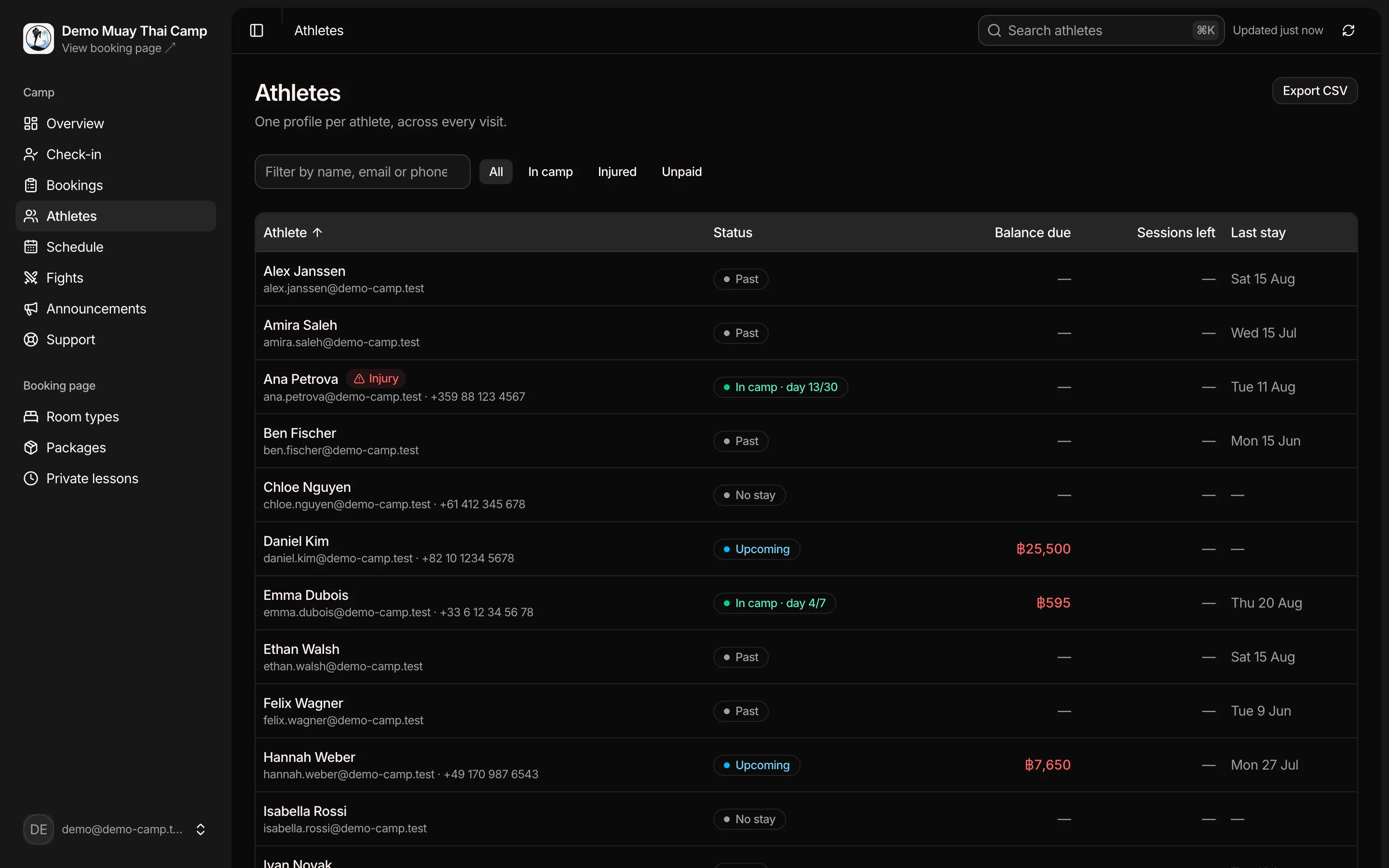 Admin athletes list with the Export CSV button: status, balance due, sessions left and last stay per athlete