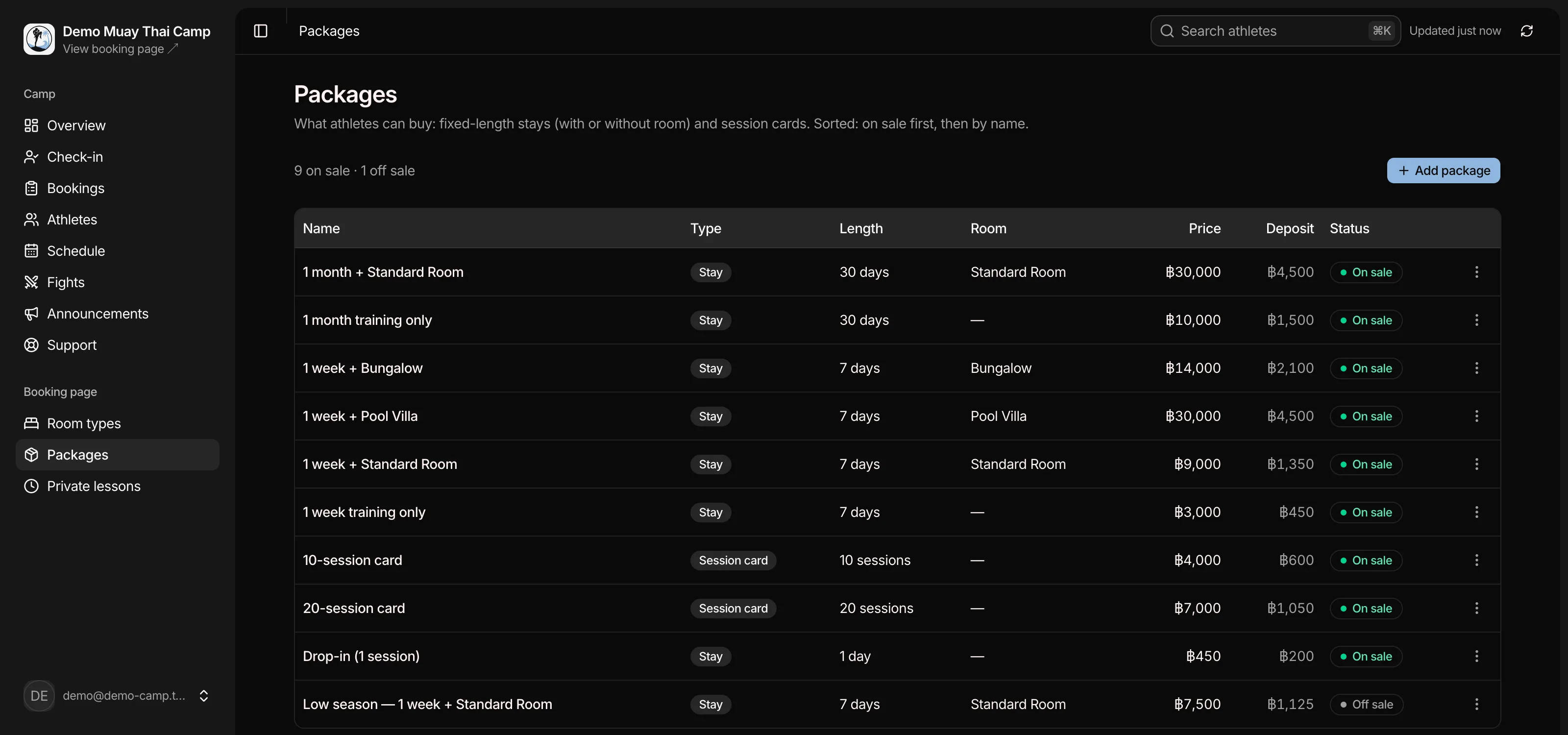 Admin packages list: stays with or without room, length, price and deposit for each, on sale or off sale